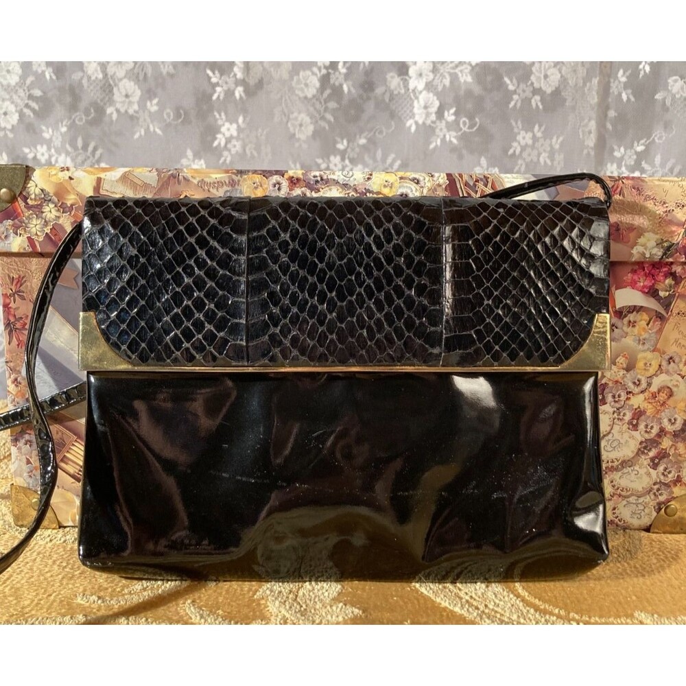 Vintage 80s Purse 1980s Black Snake Skin Patent Rock Glam Chic Elegant Edgy Bag